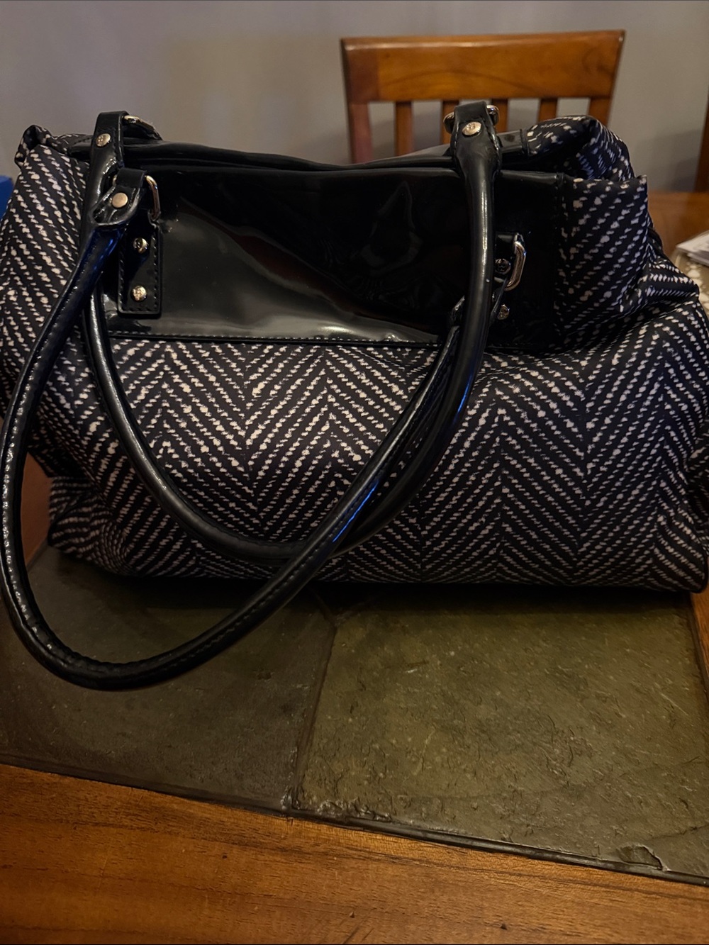 Kate Spade Anisha Black Patterned Tote Bag with Patent Trim